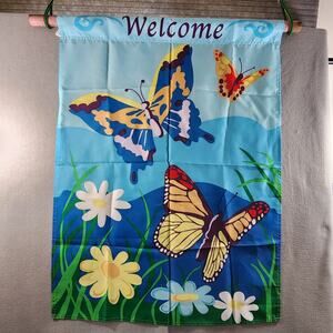 WELCOME Butterflies Floral Garden Flag Banner Double Sided Fabric Yard 29x39